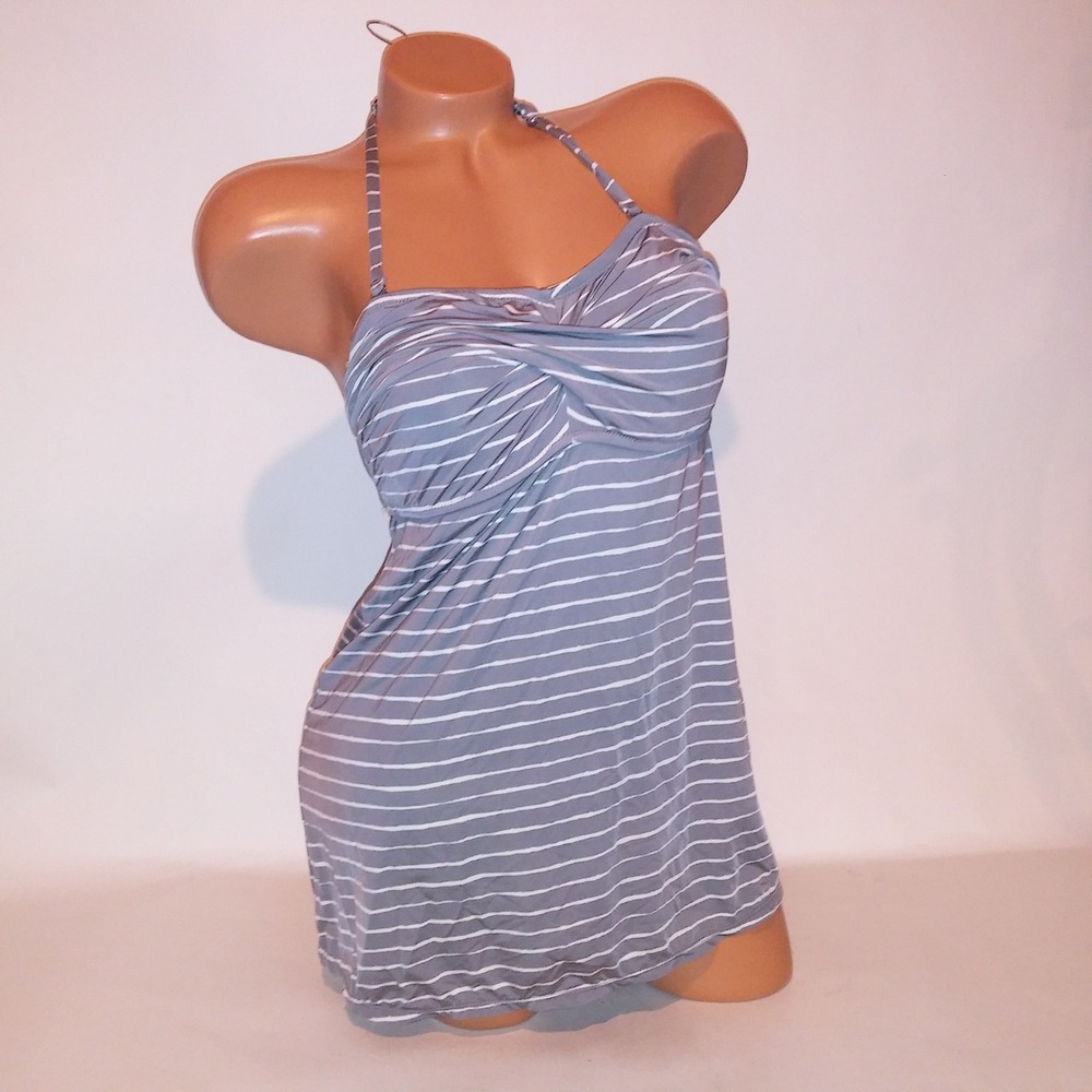 Garnett Hill Swim Tankini Top Size 6 Gray White Stripe Tank Lightly Lined Halter